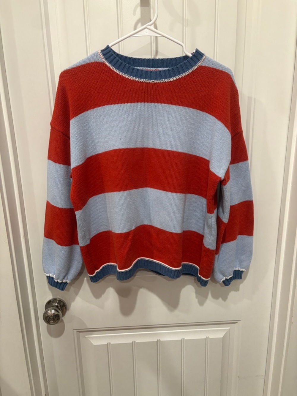 Women’s Striped Crewneck Sweater in Red and Light Blue